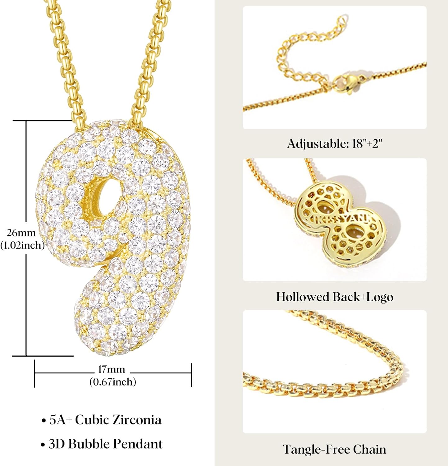 KissYan Bubble Number Necklace, 14K Gold Plated Cubic Zirconia 0-9 Charms Pendant Box Chain Necklace Inspiration Numerology Jewelry for Women Men