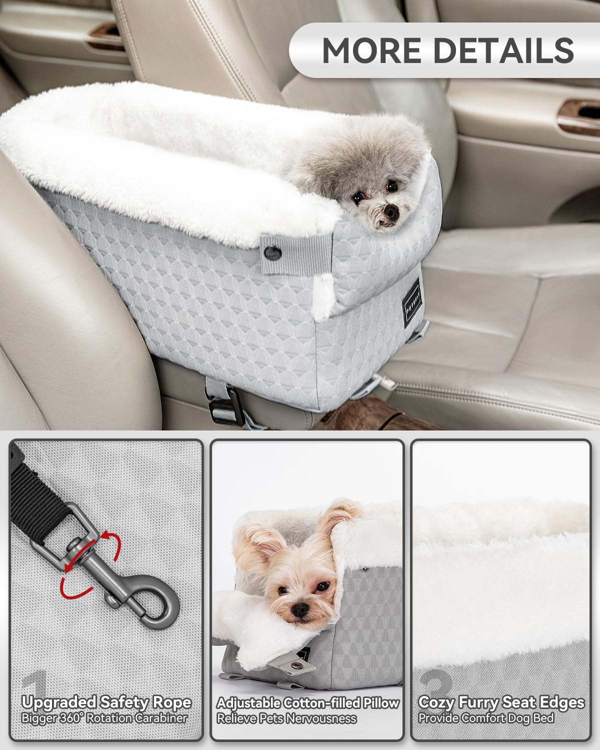 Petsfit Seggiolino auto per cani di piccola taglia per consolle centrale, con imbracatura migliorata e cuscino lavabile, sedile auto per cani fino a 5.4kg, Grigio Chiaro