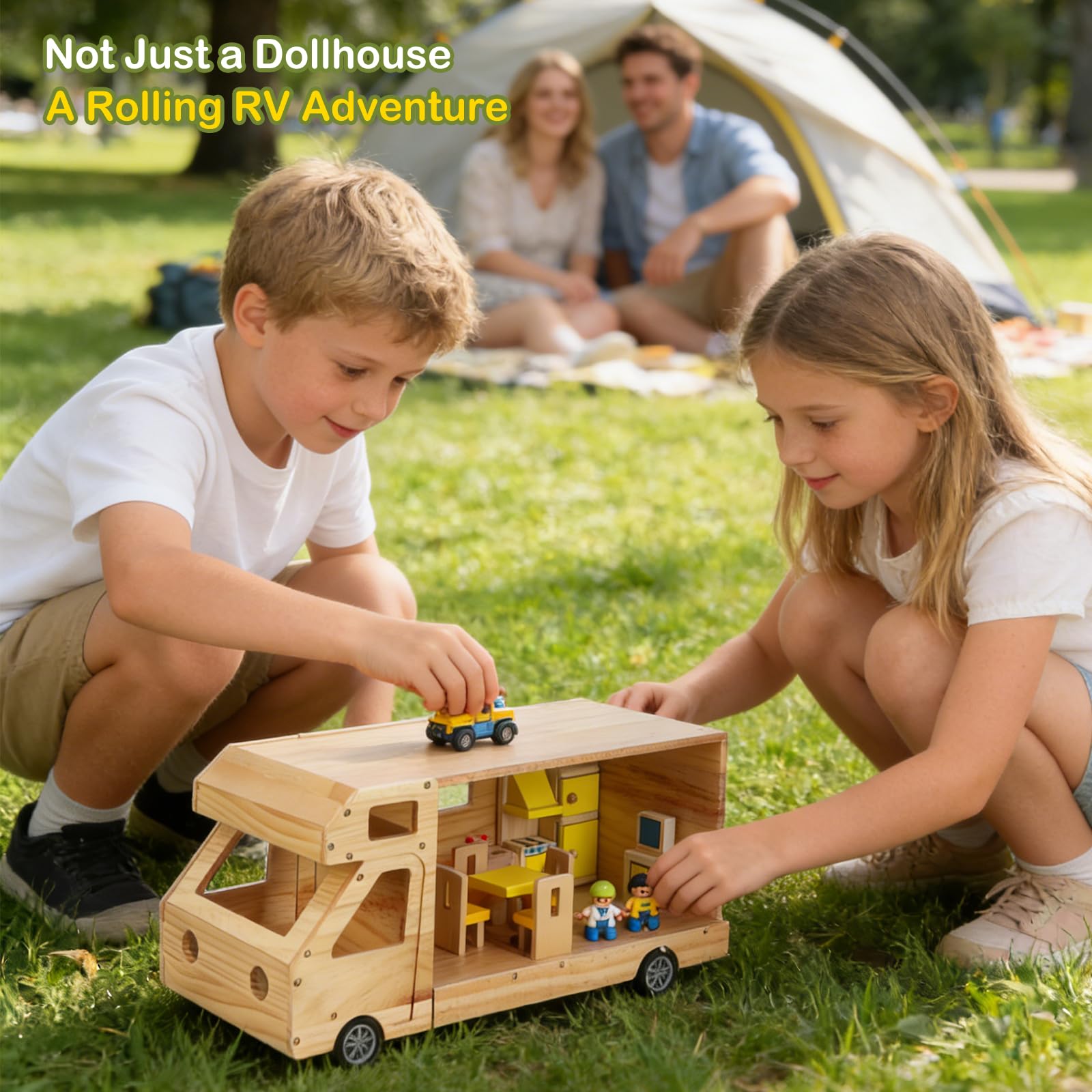 Wohnmobil, Puppenhaus für Kinder, Holz, rollendes Wohnmobil mit kompletten Möbeln | Reise Puppenhaus Spielzeug mit Miniaturräumen für Jungen & Mädchen Pretend Play Adventure Home