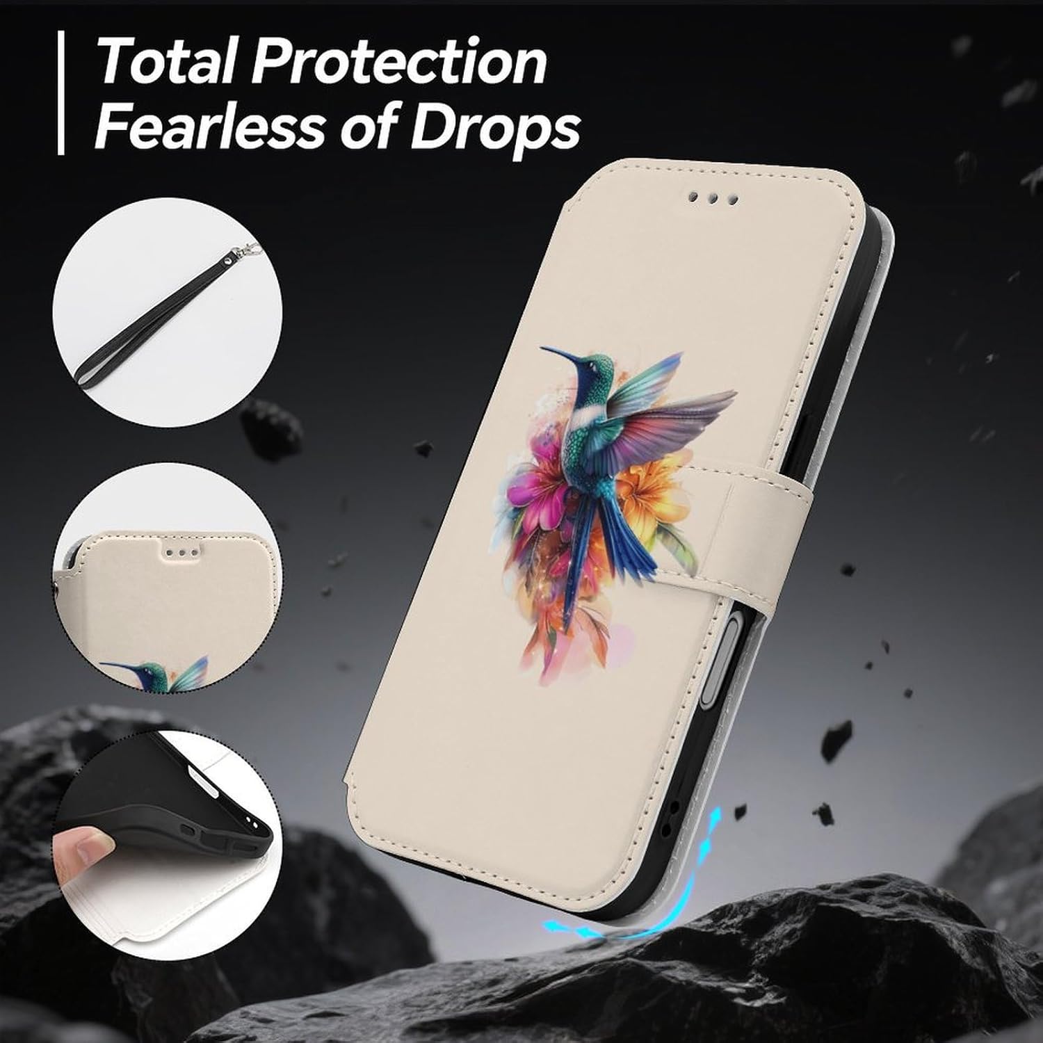 Hummingbird Flower Watercolor Compatible with iPhone 16/16 Plus/16 Pro/16 Pro Max/16 E Case Phone Wallet Card Holder Flip Cover with Wrist Strap