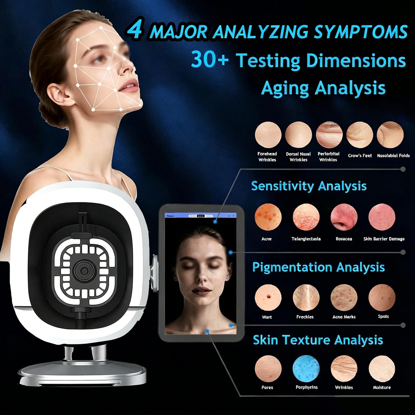 Instrumento de Análisis Facial con Análisis de Síntomas, Analizador de Piel con Pantalla Táctil de 15,6", Análisis y Predicción de Síntomas Cutáneos, 17 Parámetros de Prueba, 36 Megapíxeles