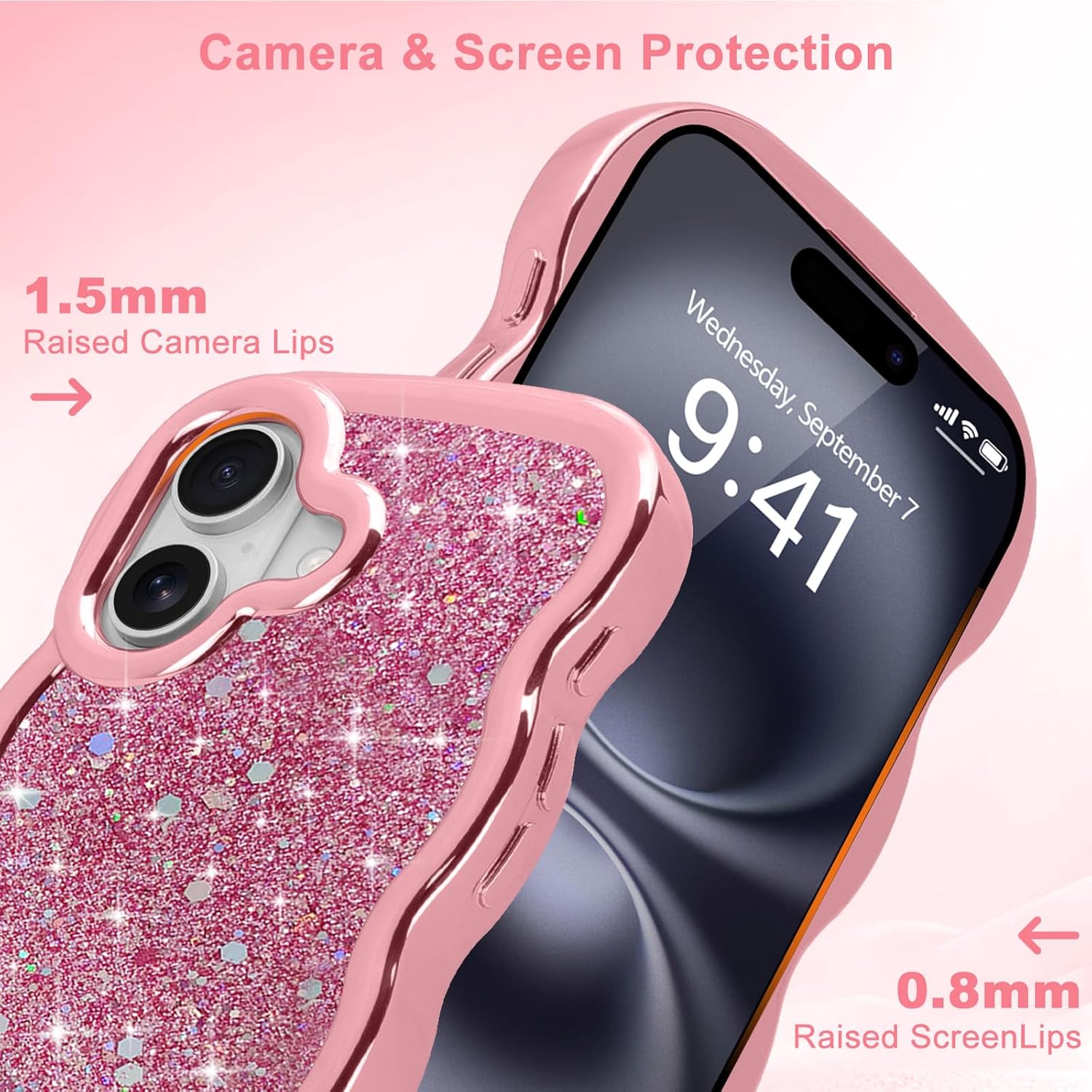 Micoden for iPhone 16 Case, Cute Bling Glitter Sparkly for Women Girls Slim Protective Durable Curly Wave Edge Luxury Plating Shockproof Slim Raised Camera Protection Phone Case for iPhone 16,Pink - Image 3