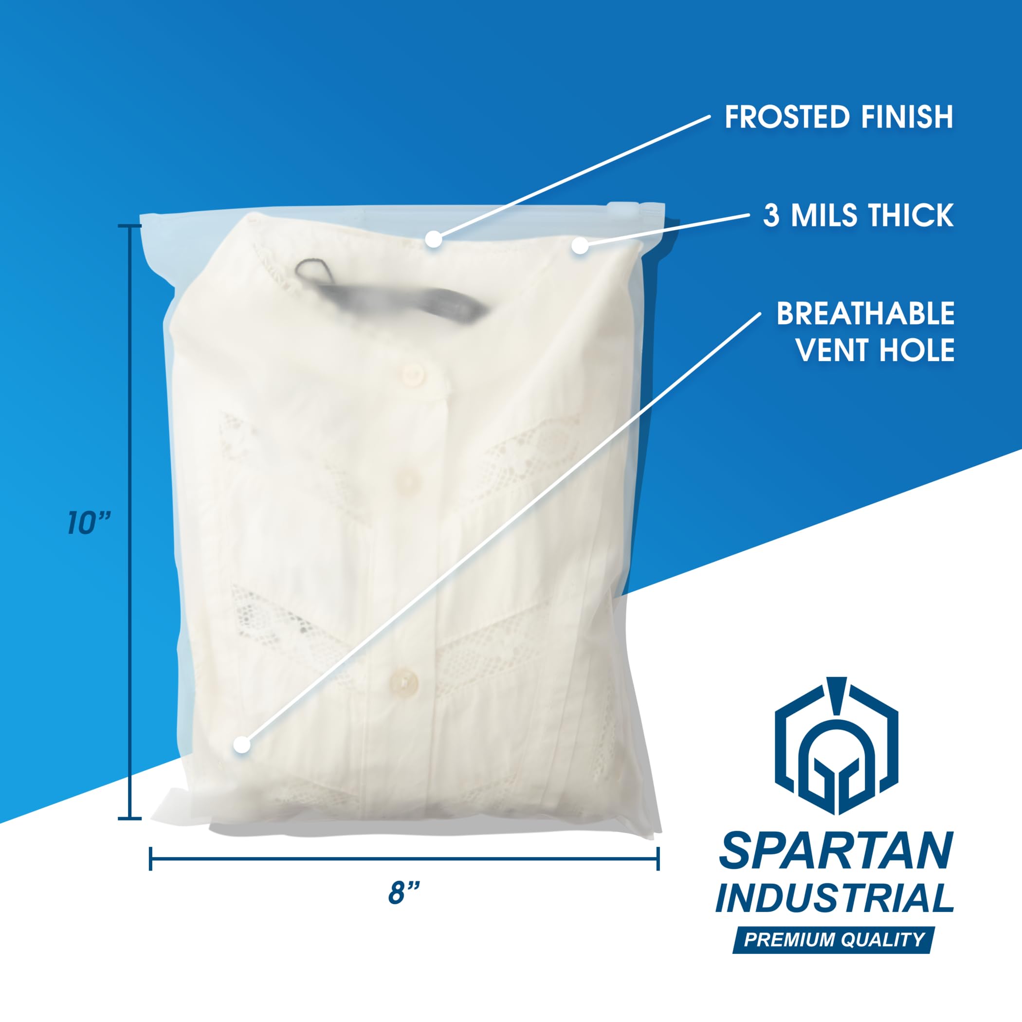 Spartan Industrial - Bolsas de plástico con cierre esmerilado de 3 mil con agujero de ventilación, bolsas de plástico resellables para ropa, camisetas, leggings de 8 x 10 pulgadas (500 unidades)