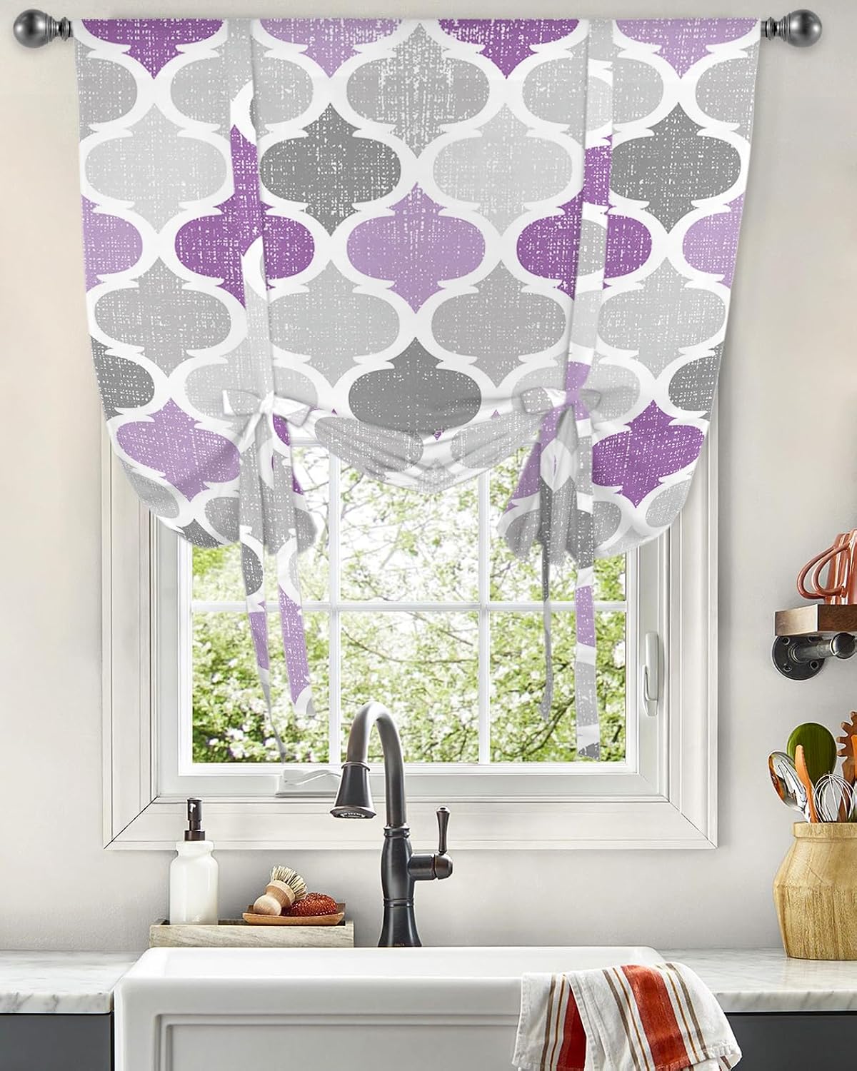 Vintage Purple Grey Moroccan Pattern Tie Up Window Shade Curtain Abstract Geometric Art Kitchen Adjustable Balloon Curtains Shades Drape 46x63In for Living Room/Bedroom/Cafe Windows