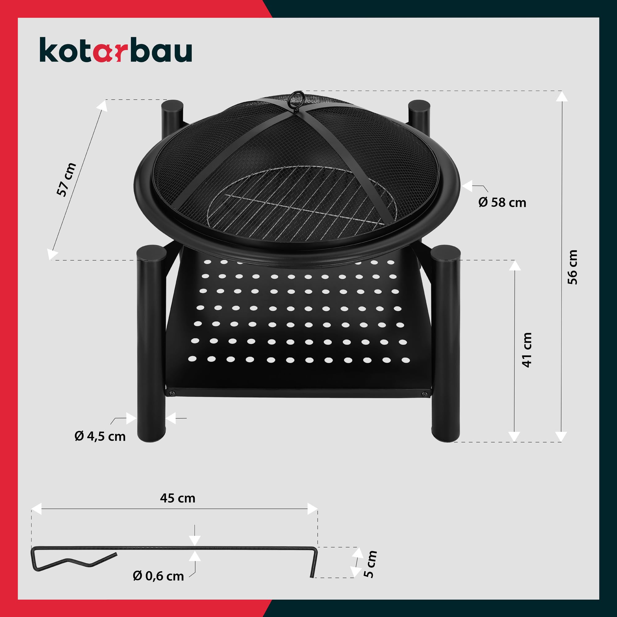 KOTARBAU Braciere Ghisa in Acciaio Nero | Braciere Esterno | Brazero Giardino 58x58x55cm con Conservazione In Legno