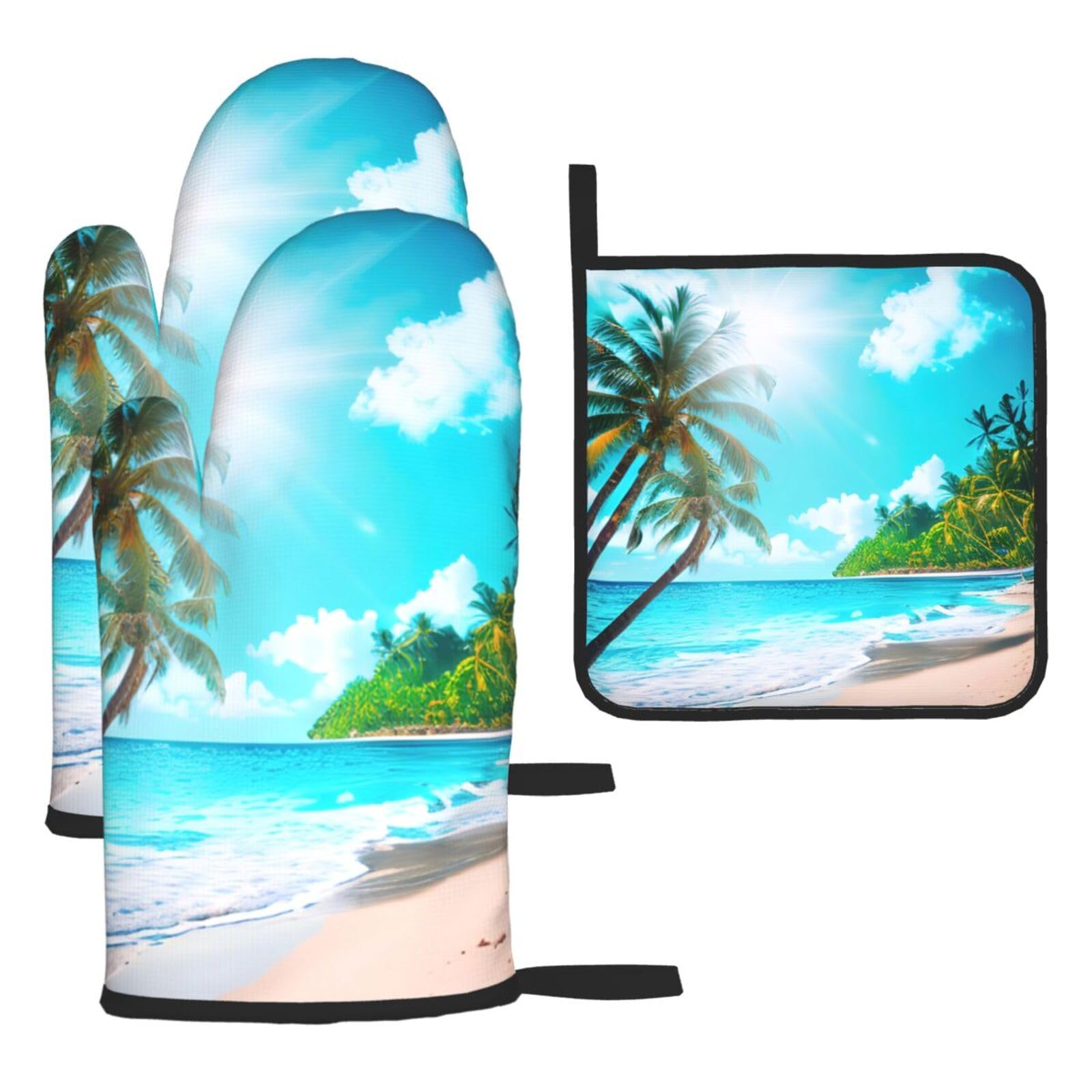 Yyoretp Black Tropical Ocean Beach Theme Print Oven Mitts And Potholders Bbq Gloves-Oven Mitts And Pot Holders For Cooking Baking