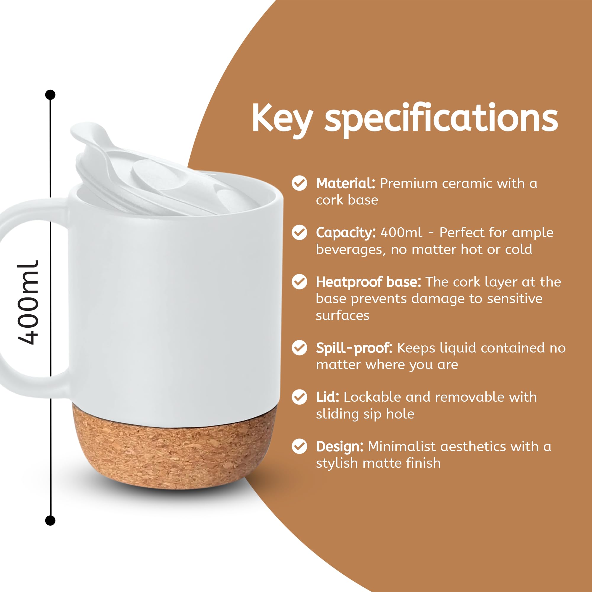 Reusable Ceramic Travel Mug with Handle and Lockable Lid & Heat Proof Cork Base, Spill Proof, Refrigerator Safe - Image 4