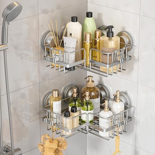 Miniatura 9 de LEVERLOC Paquete de 2 organizadores de ducha con ventosa adaptables a las esquinas, cesta montada en la pared sin taladros, estante de ducha