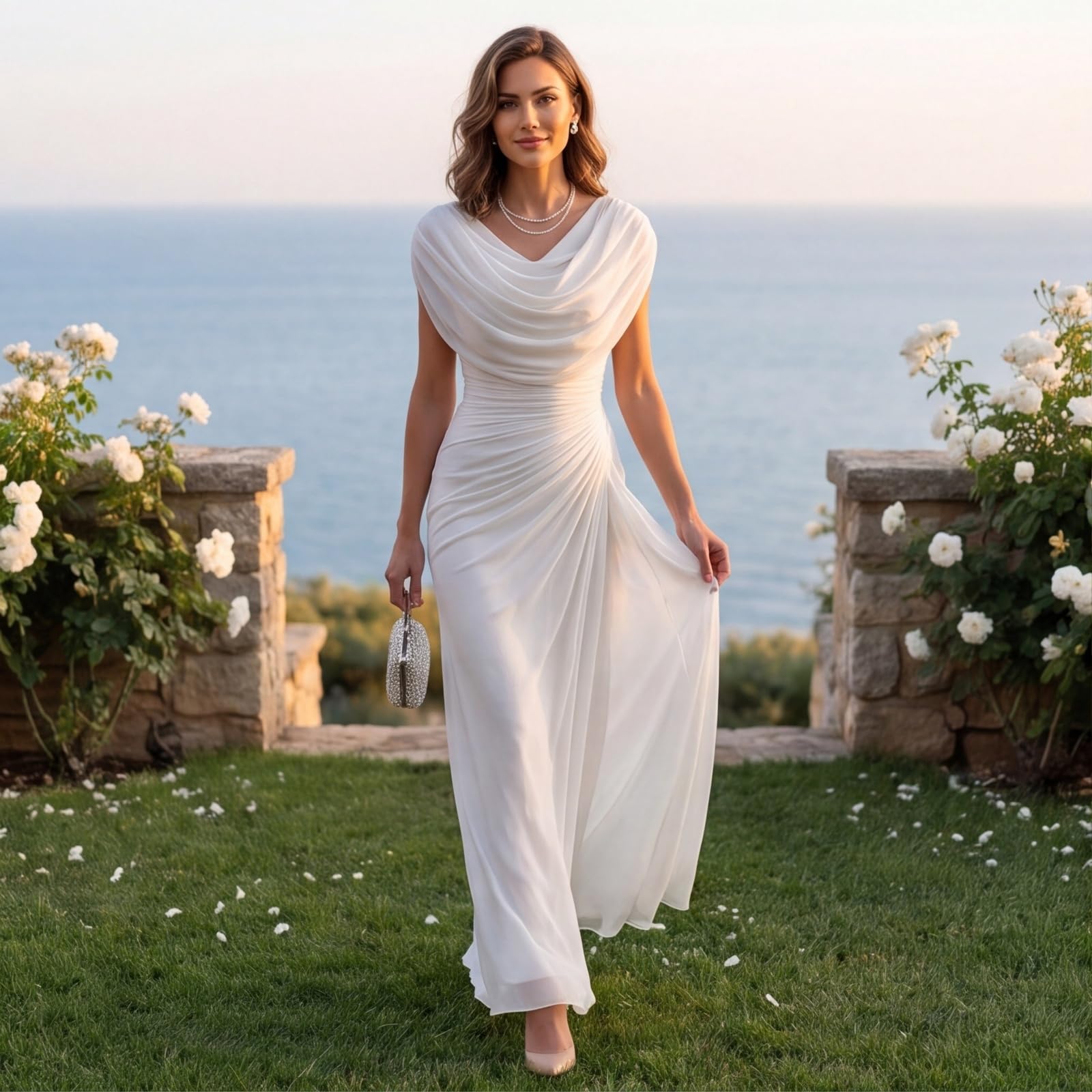 Abendkleider Elegant Für Hochzeit Tüll Ballkleider Damen Lang A-Linie Kleid Hochzeitsgast Cocktail Festliche Kleider Schlitz Plissee Abschlusskleid Wasserfallausschnitt Brautkleid Maxi Rückenfrei