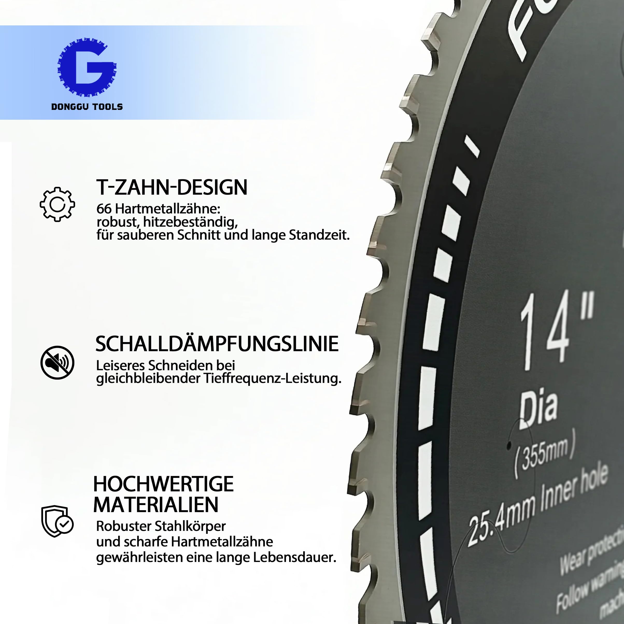 355x25.4mm TCT Kreissägeblatt-DONGGU mit 66 Wolframkarbid-Zähnen für Eisen, Edelstahl, Nickel, Titan, Metallrohre & Eisenmetalle präzises und gratfreies Metalltrennsägeblatt für Kreissägen (355mm, 66)