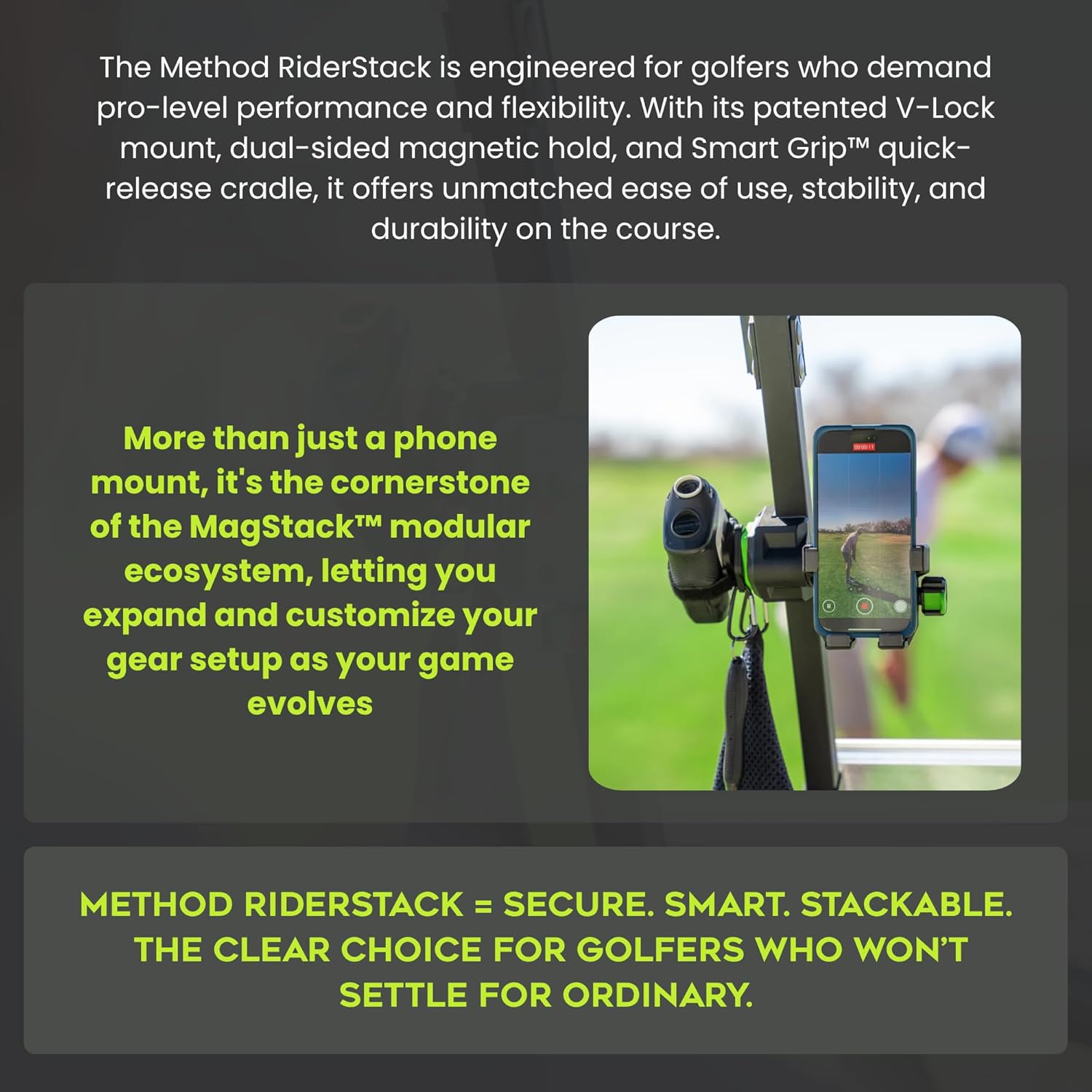 Method Golf RiderStack Magnetic Golf Cart Phone Holder – Heavy Duty Magnet Mount for iPhones & Android with Magnetic Rangefinder Strap- Magnetic Phone Holder Compatible with EZGO, Club Car & Yamaha