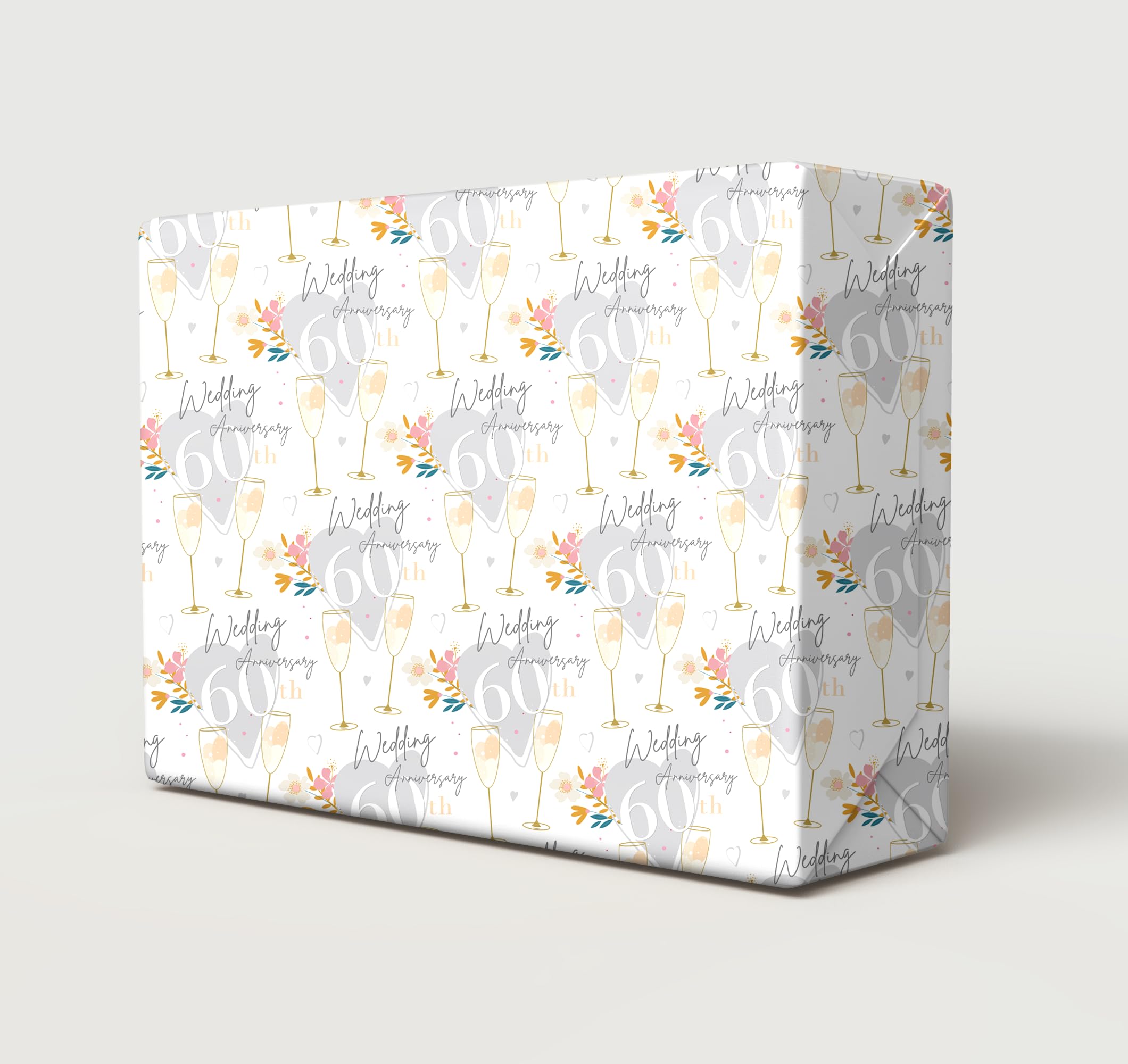 2 Sheets 2 Tags 60th Diamond Wedding Anniversary Wrapping Paper Beautiful Classy And Elegant Flowers Champagne Glasses Design Diamond Wedding Anniversary Giftwrap