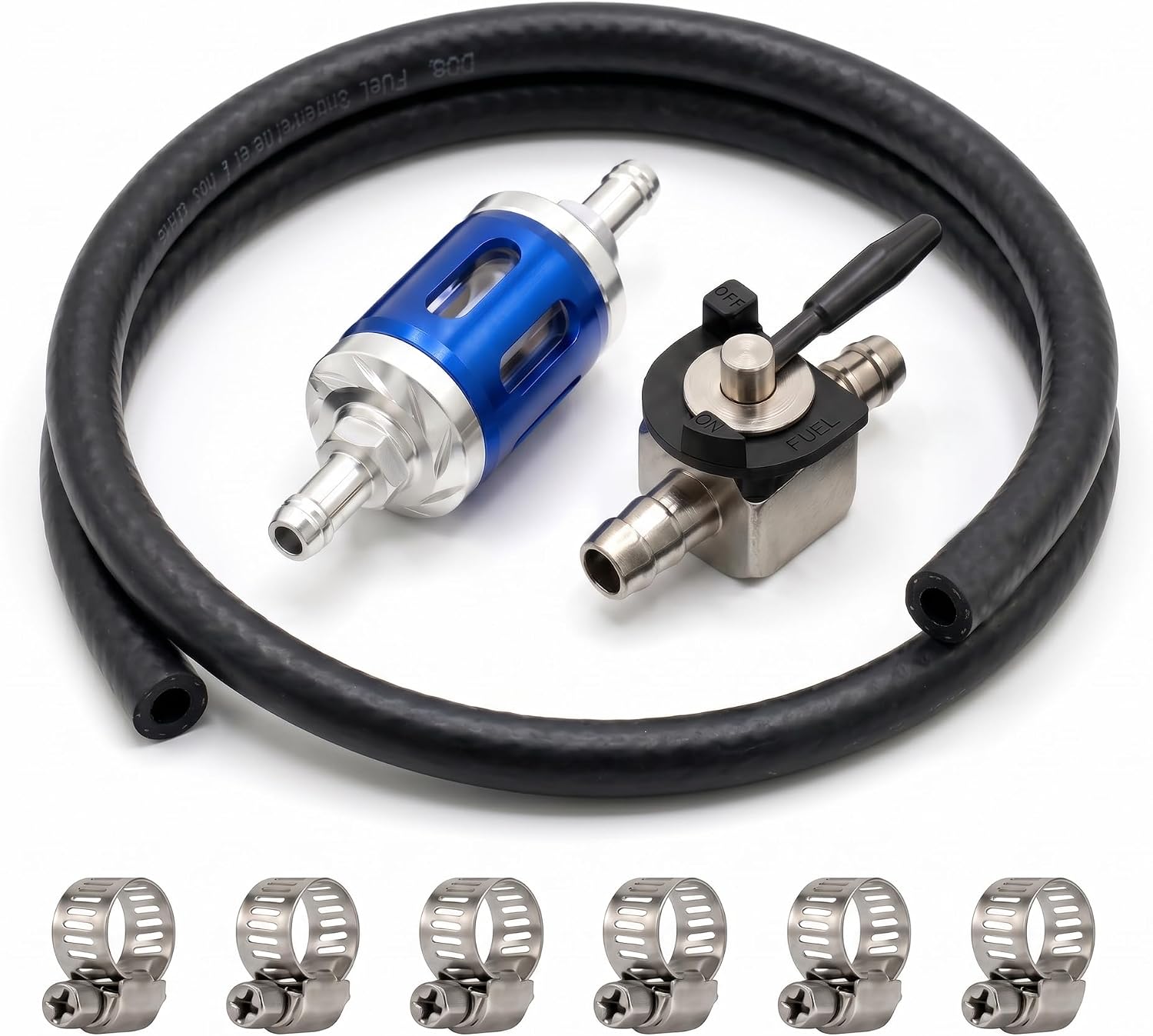8mm Fuel Filter with petcock fuel shutoff valve, 1/4" ID Fuel Line Hose with Hose Clamps, Universal Aluminum Inline Gas Fuel Filter Kit for Motorcycle ATV Dirt Bike Lawn Mower Small Engine