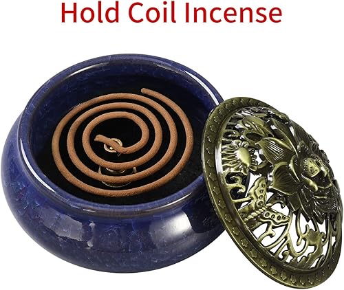 Miniatura 5 de Miupoo Quemador de incienso y soporte de incienso con soporte de palo de incienso de latón, atrapador de cenizas de cerámica (azul oscuro)