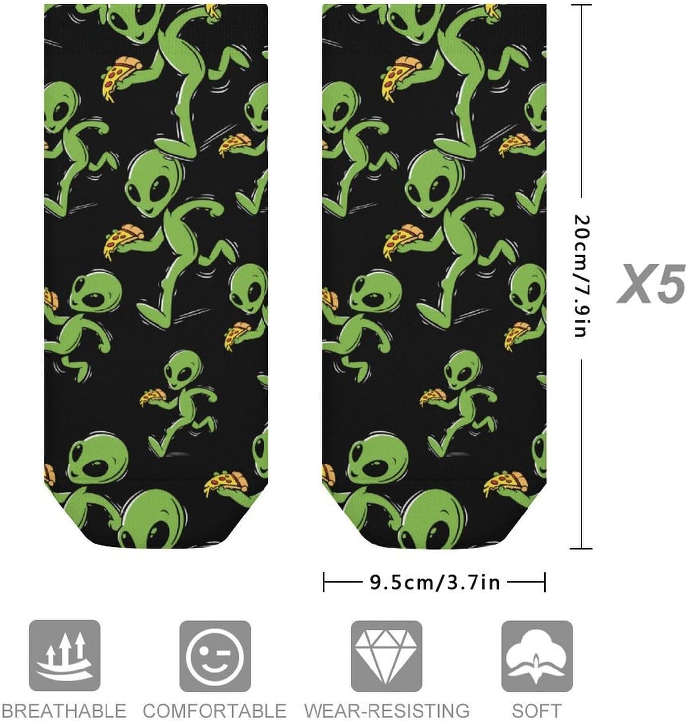 Aliens Pizza Slice Lover No Show Ankle Socks Low Cut Non Slip Flat Boat Line 5 Pairs Set