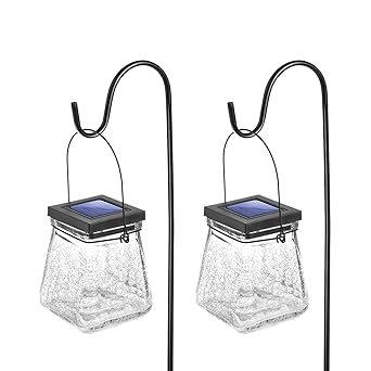 Landia Home 2 Packs Solar Crackle Glass Solar Lanterns Light Hanging Outdoor Waterproof 10 Lumens 3000K Decorative Large Crackle Glass Garden LED Lights, No Wiring for Patio Backyard Garden Holidays