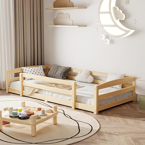 Floor Children's bed Solid pine wood bed (Natural wood, 90x190cm) | Montessori Floor Bed with Fall Protection and Slatted Frame Load capacity up to 100 kg For boys, girls, Single beds