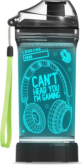 YuanDian Can't Hear You I'm Gaming Water Bottle, Headphone 7 Color Lights 3D Light up Drinking Cups Gifts for Gamers Boys, BPA Free & Leak Proof Flip Top Lid & Easy Clean & Carry Handle, 14oz/ 400ml