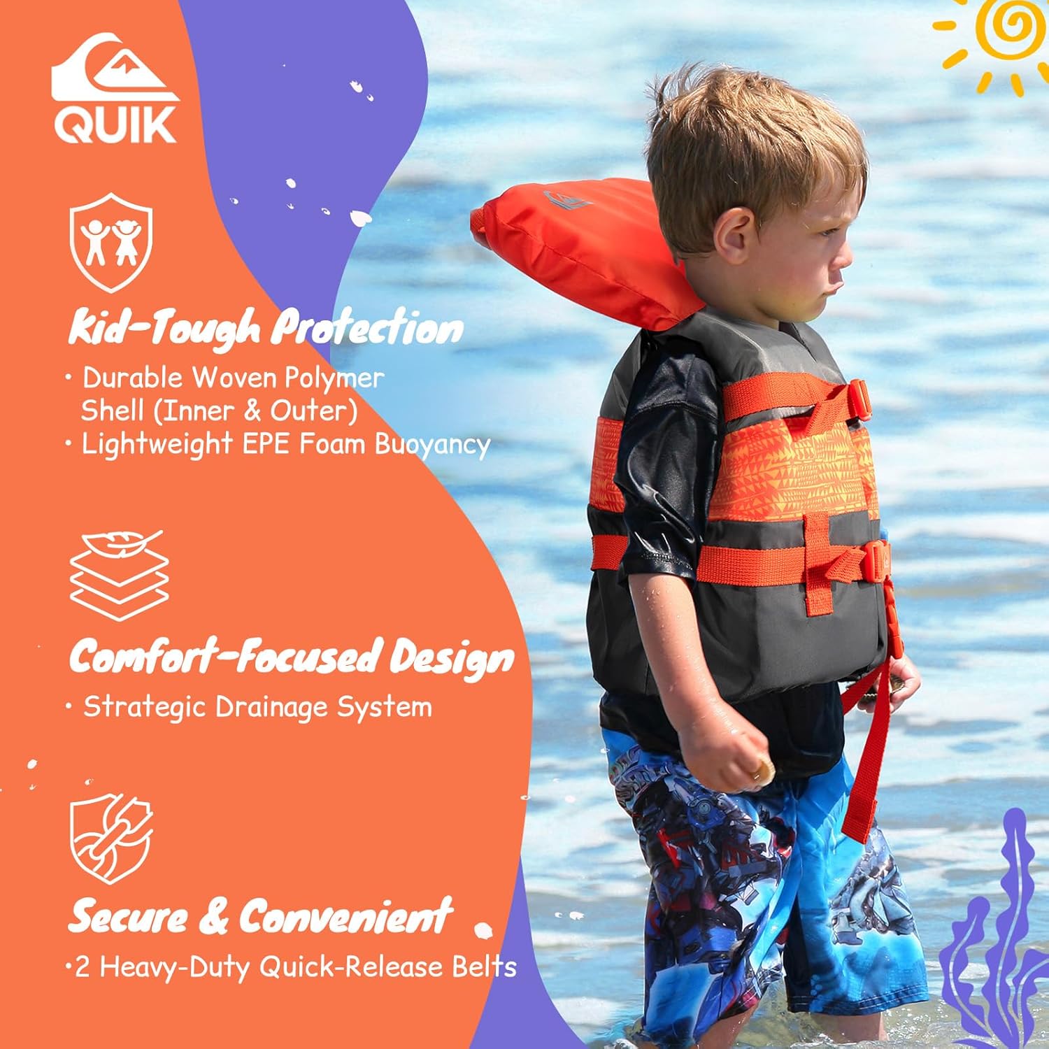 QUIKSILVER USCG Approved Life Jacket for Youth/Kids/Toddler, Lightweight EPE Foam Type III PFD with Quick-Release Buckles, for Pool, Lake, Kayaking, Boating, Paddling Watersports