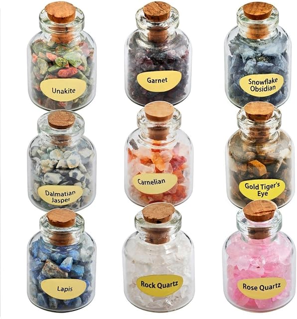 mookaitedecor Natural Raw Rough Crystals Crushed Chips Stones Tumblestone Healing Crystals Collection,Box of 9 Wishing Bottles