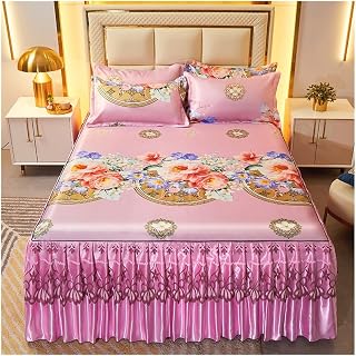 Alfombrilla de seda de hielo, falda de cama de tres piezas para el hogar, tapete doble en verano, lavable a máquina, tapete suave para aire acondicionado, funda de cama (rosa, 120 x 200 cm)