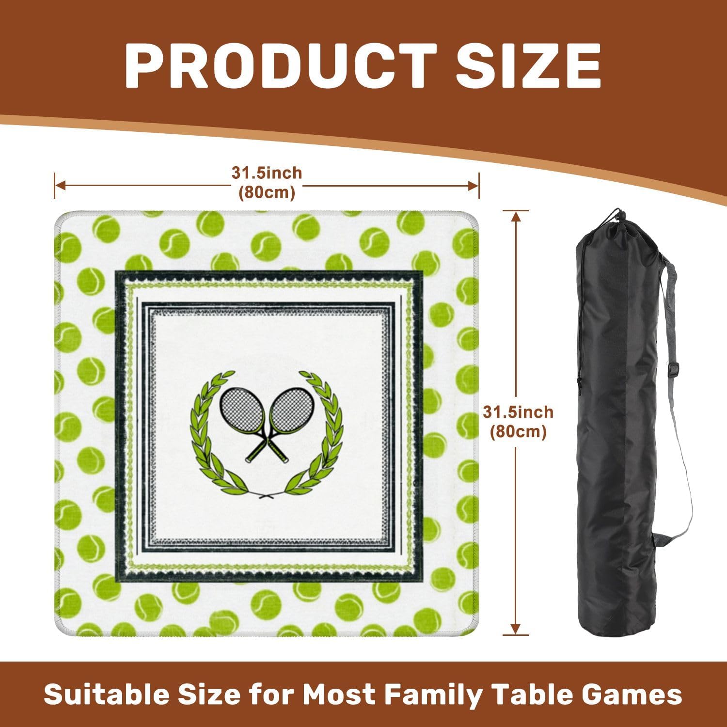 Mahjong Mat with Carrying Bag 31.5" x 31.5" Non-Slip Noise Reduction Tennis Racket Laurel Wreath Green Tennis Ball Table Mat for Mahjong Poker Dominoes Card Board Tile Games