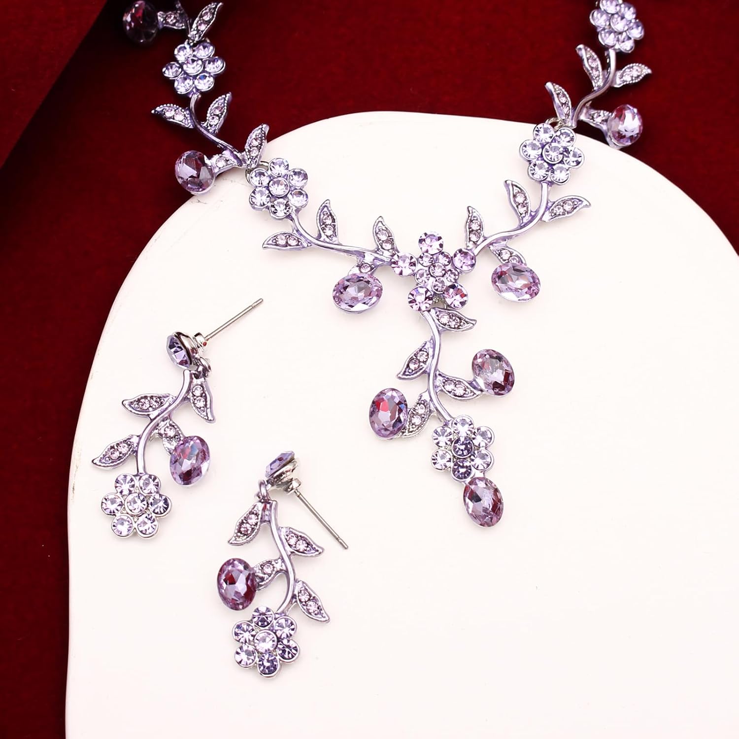 SFE Elegant Austrian Crystal Bridal Bridesmaid Wedding Jewelry Flower Leaf Necklace Dangle Earrings Link Bracelet Jewelry Set for Women(Violet-Platinum Plated) - Image 4