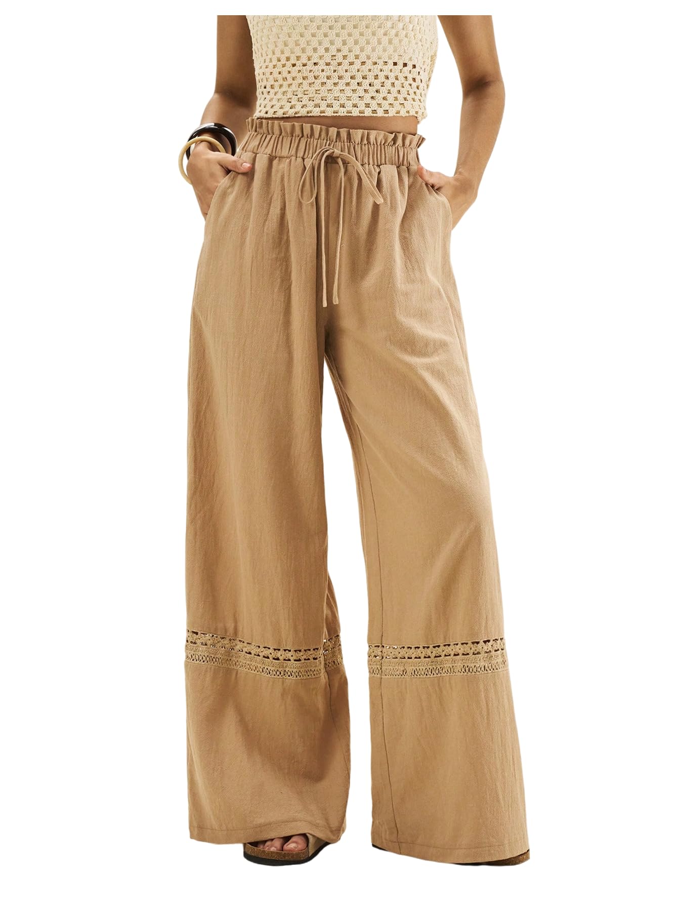 MakeMeChic Womens Wide Leg Pants Lace Drawstring High Waist Palazzo Trousers