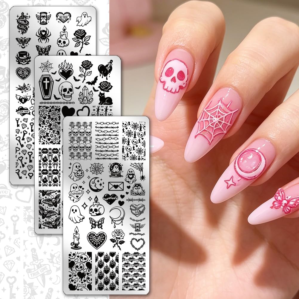 PH PandaHall 3pcs Skull Ghost Nail Stamping Plates, Spooky Gothic Nail Art Stencils Spider Web Rose Nails Art Templates Stainless Steel Image Plates for DIY Print Manicures Salon Design Halloween