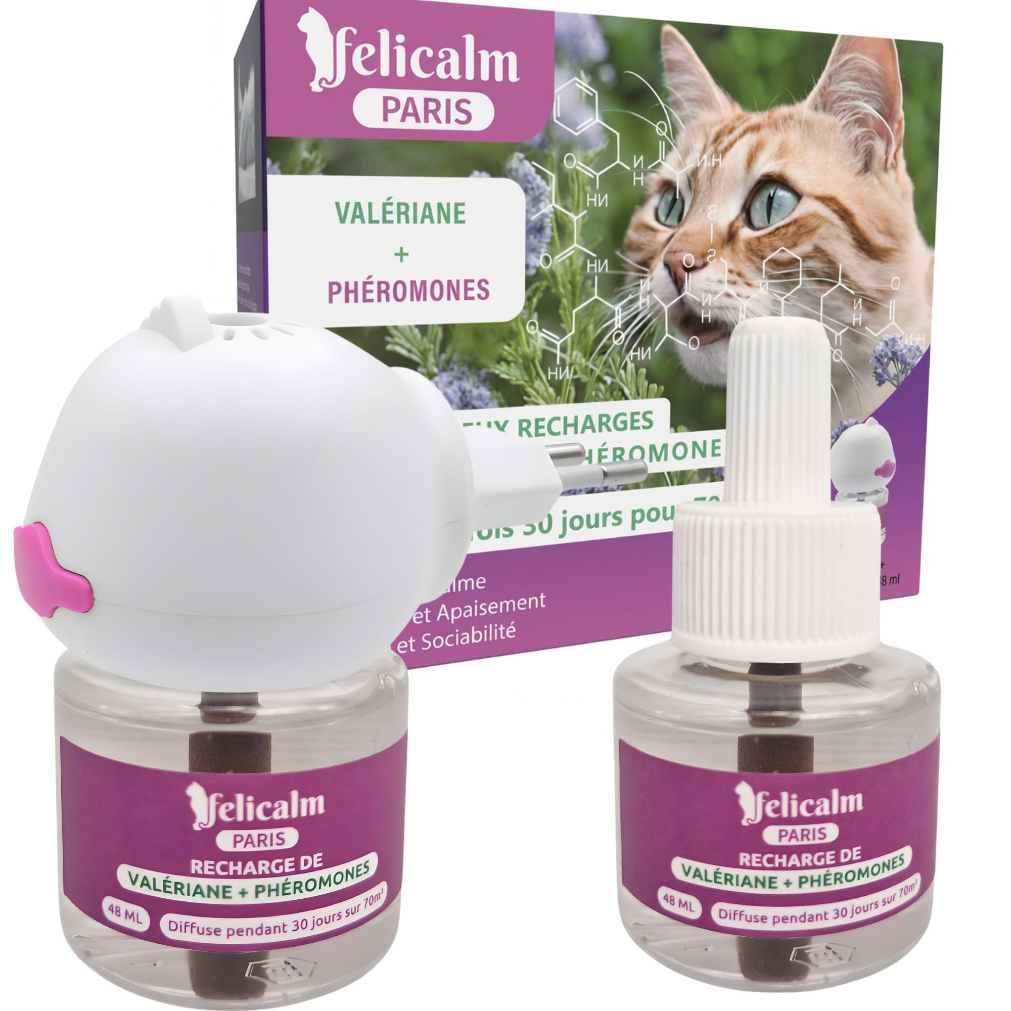 Diffuseur Chat Valériane + Phéromones sans Odeur- Double Action Apaisante, 2 Recharges 60 J de Calme