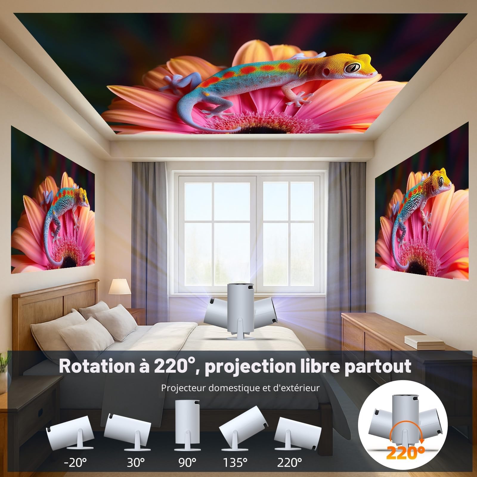 Vidéoprojecteur 4K Mini Projecteur Portable Android 11 avec BT 5.0 et WiFi 6, projecteur Video avec Auto Keystone, 220° Rotation retroprojecteur Compatible avec USB/PS/HDMI/TV Stick