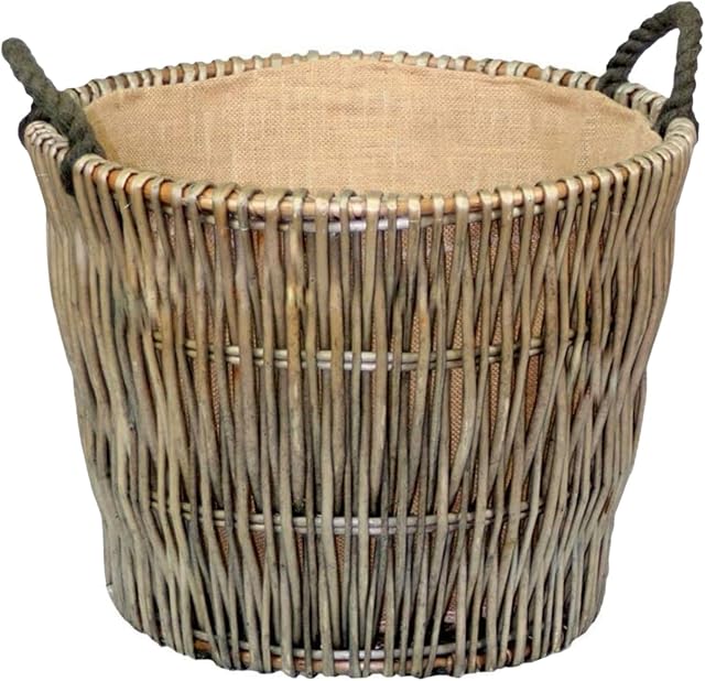Traditional Large Wicker Log Basket for Fireplaces with Hessian Lining and Rope Handles - Perfect for Indoor Wood Burners and Inglenook Firesides - 50cm Diameter