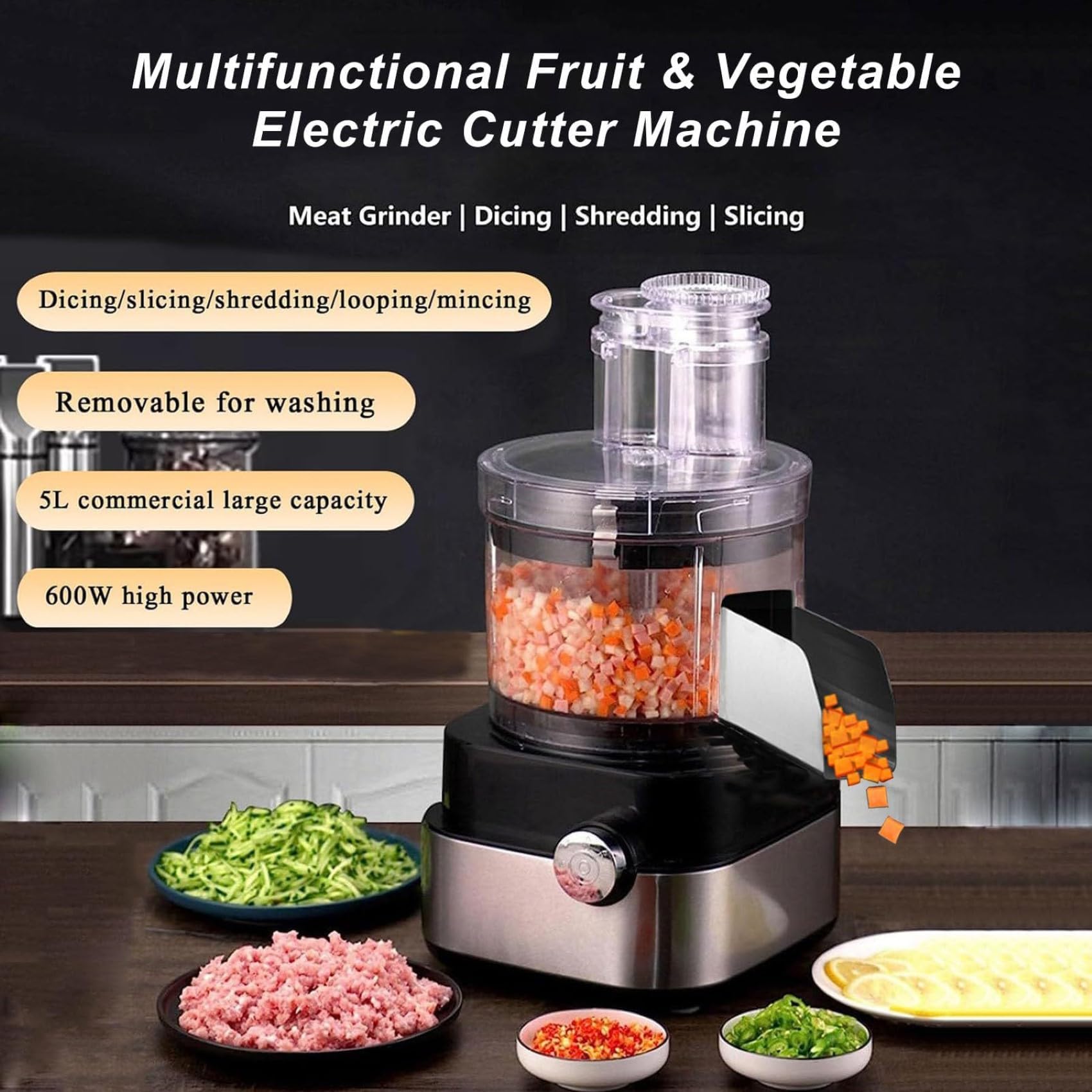 Coupe-légumes électrique, robot culinaire commercial 600 W 5000 ml avec 5 moules interchangeables pour couper en dés, déchiqueter, trancher, équipement de cuisine professionnel en acier inoxydable