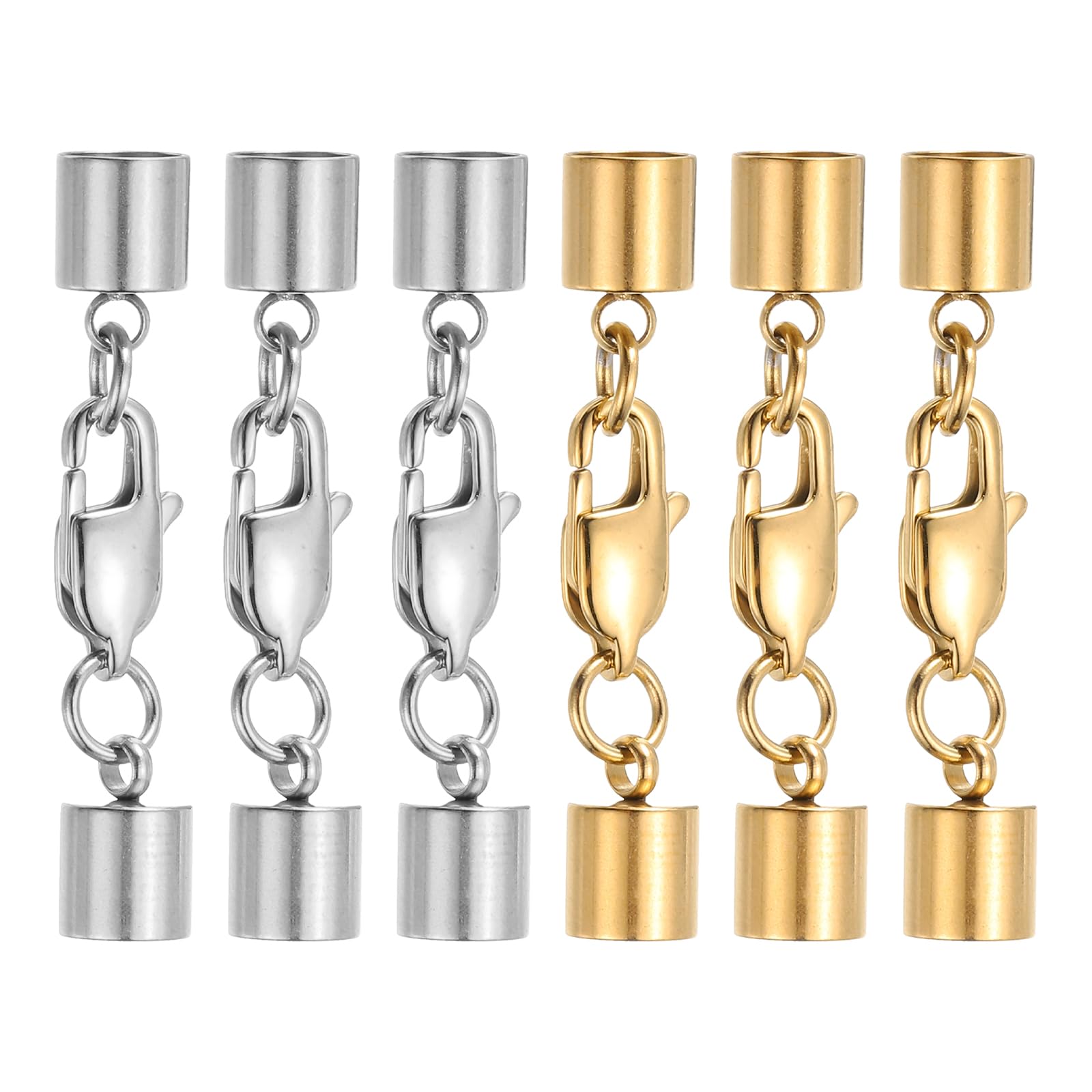 sourcing map 6Set 6mm Leather Cord End Caps with Lobster Claw Clasps Connector, Stainless Steel Cord Ends Barrel Terminators for Jewelry Making DIY Crafts Necklace Bracelets, Silver/Gold