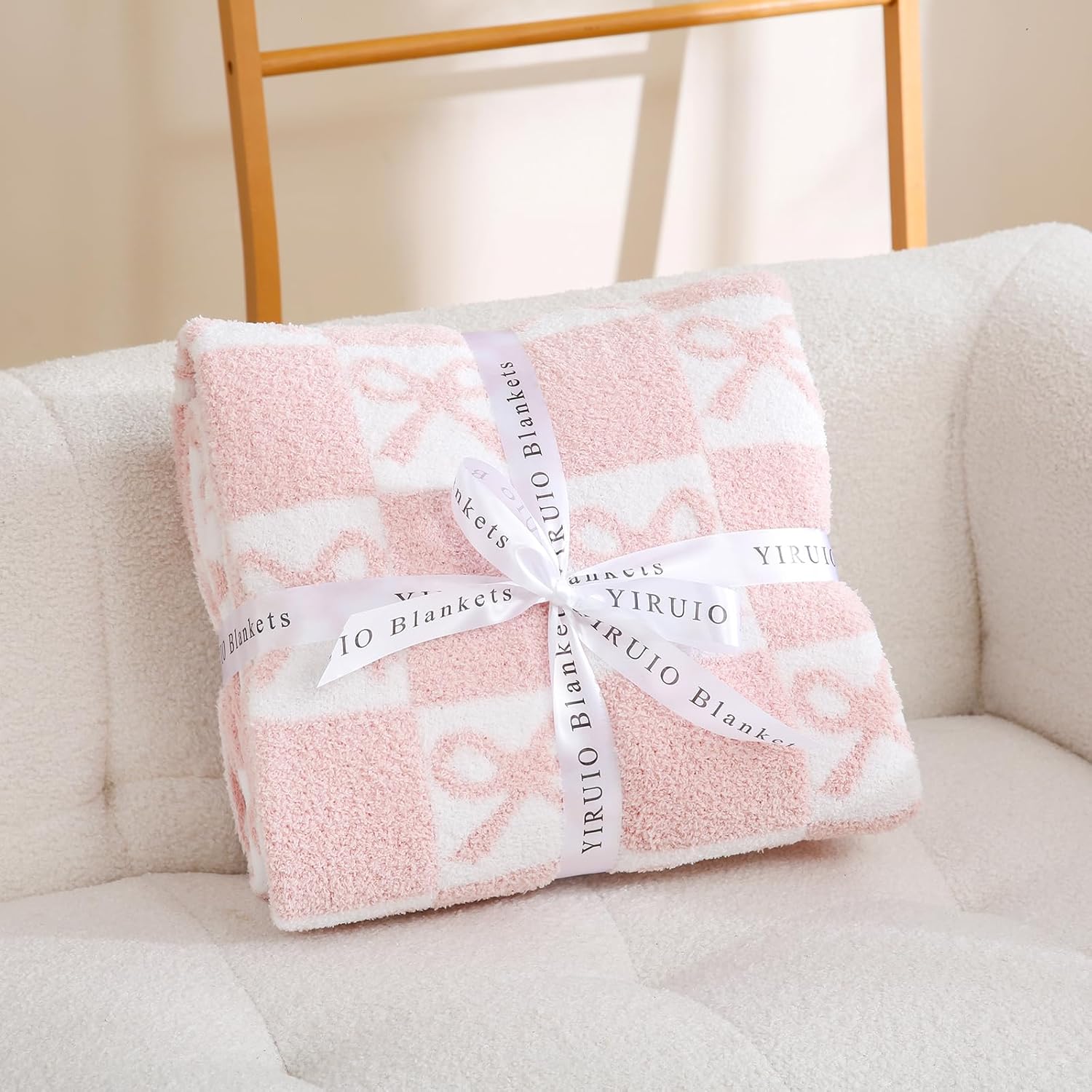 YIRUIO Pink Checkered Knit Throw Blanket with Bow Pattern for Women Daughter 50x60 Ultra Soft Microfiber Reversible,Fluffy Fuzzy Cozy Throw for Bed, Sofa & Couch Home Decor - Image 6