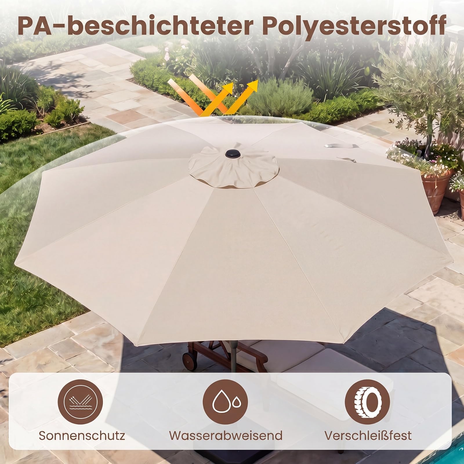 COSTWAY Sonnenschirm 300 cm, Gartenschirm mit Volant & Kurbel, beidseitig um 30° knickbar, Balkonschirm mit 8 Glasfaser-Rippen, Terrassenschirm, Marktschirm für Garten, Balkon, Terrasse (Beige)