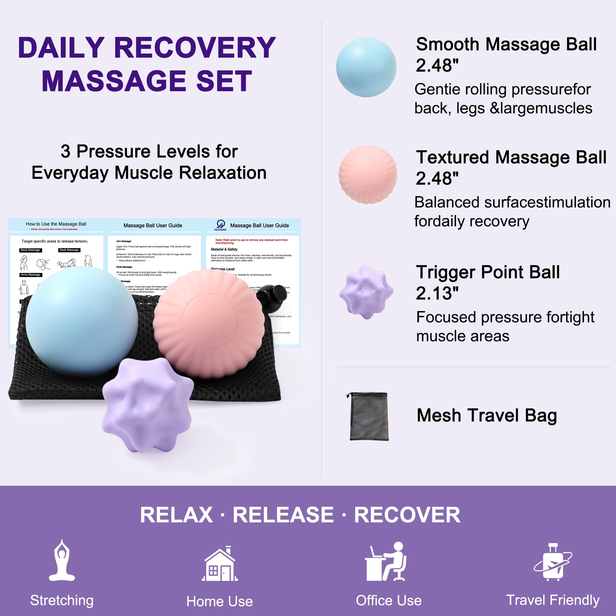 HODEMI Juego de bolas de masaje para tejido profundo, 3 piezas, bola de masaje de lacrosse, bolas de masaje manual de silicona para liberación miofascial y relajación muscular con bolsa de malla