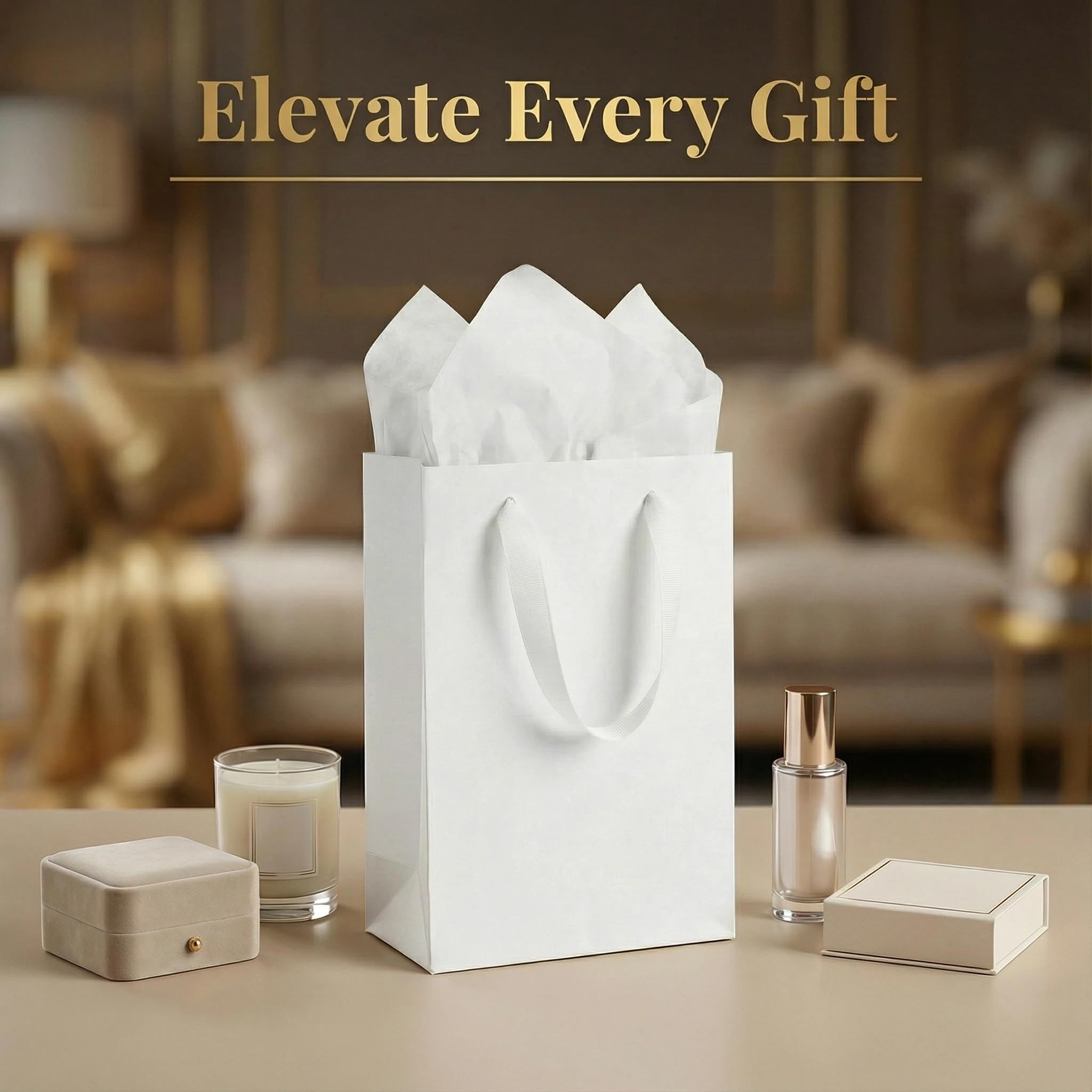 JUNESHE 4 Sets Small White Gift Bags, 8 inch Tiny Little Paper Bag Matching Card Envelope Sticker Black Tissue Paper for Birthday Party Favors Baby Bridal Shower Shopping Presents Wedding Welcome