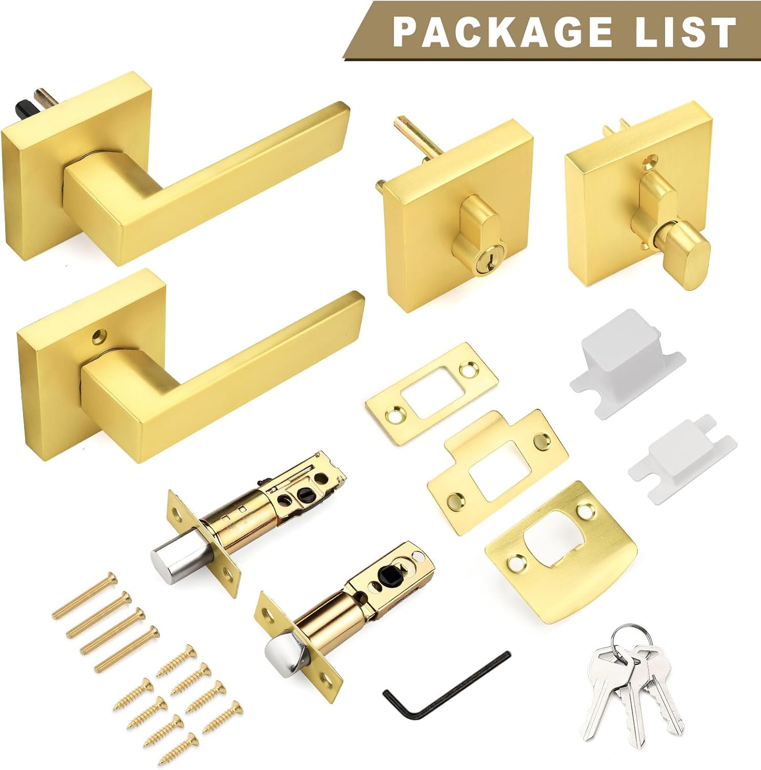 3 Pack Gold Passage Door Handle Sets with Deadbolt, Brass Exterior Door Locksets Square and Single Cylinder Deadbolt, Keyed Alike Heavy Duty Front Door Handleset for Interior/Exterior Doors