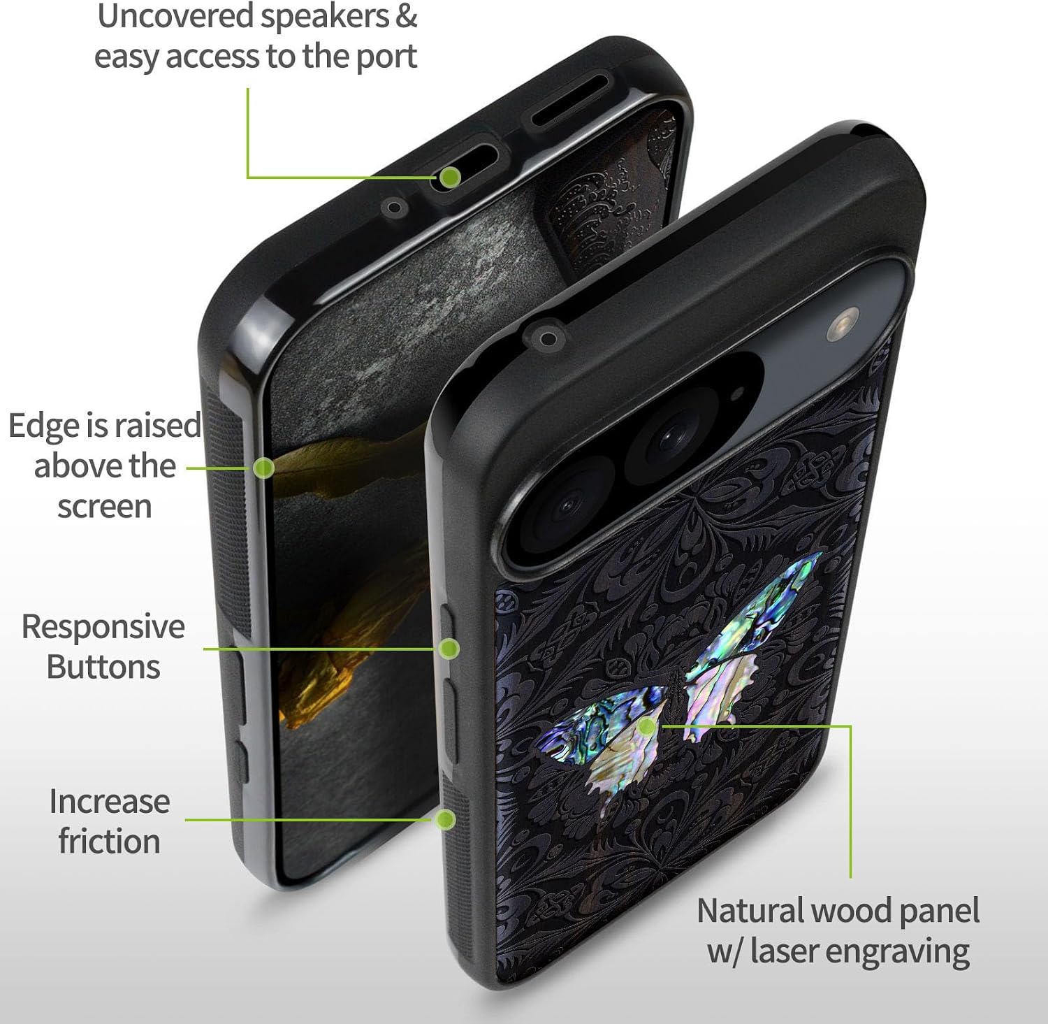 Carveit Magnetic Wooden Case for Google Pixel 9 Case, Wood Artisan Engraved & Handmade Shell Inlaid, Compatible with MagSafe Wireless Chargers, Baroque Butterfly - Blackwood