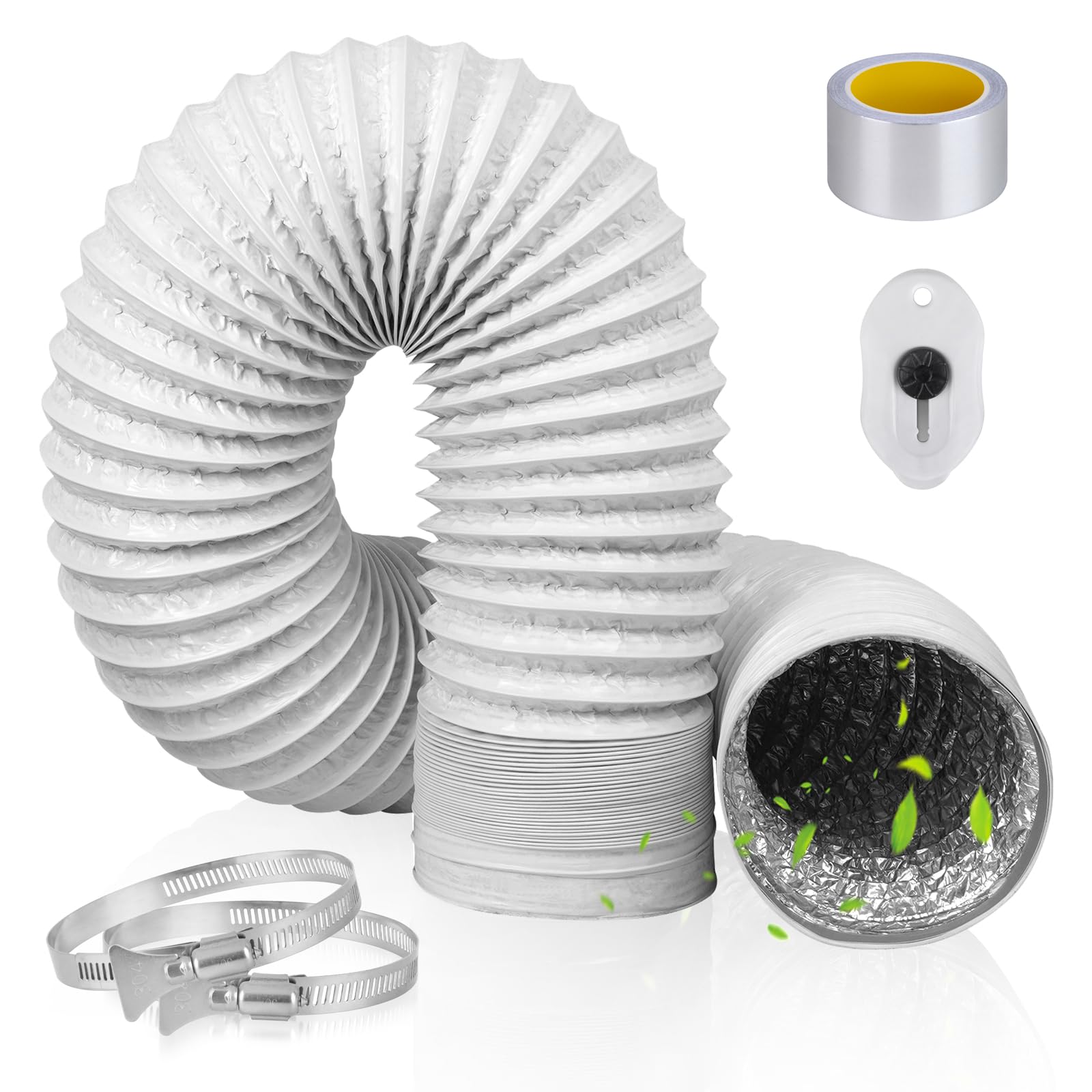 Tubo Flexible Campana Extractora de 100mm: 2m Manguera de Ventilación de Aluminio y PVC, Tubo Flexible de Salida de Aire con 2 Abrazaderas de Acero Inoxidable para Climatización Secadora (Blanco)