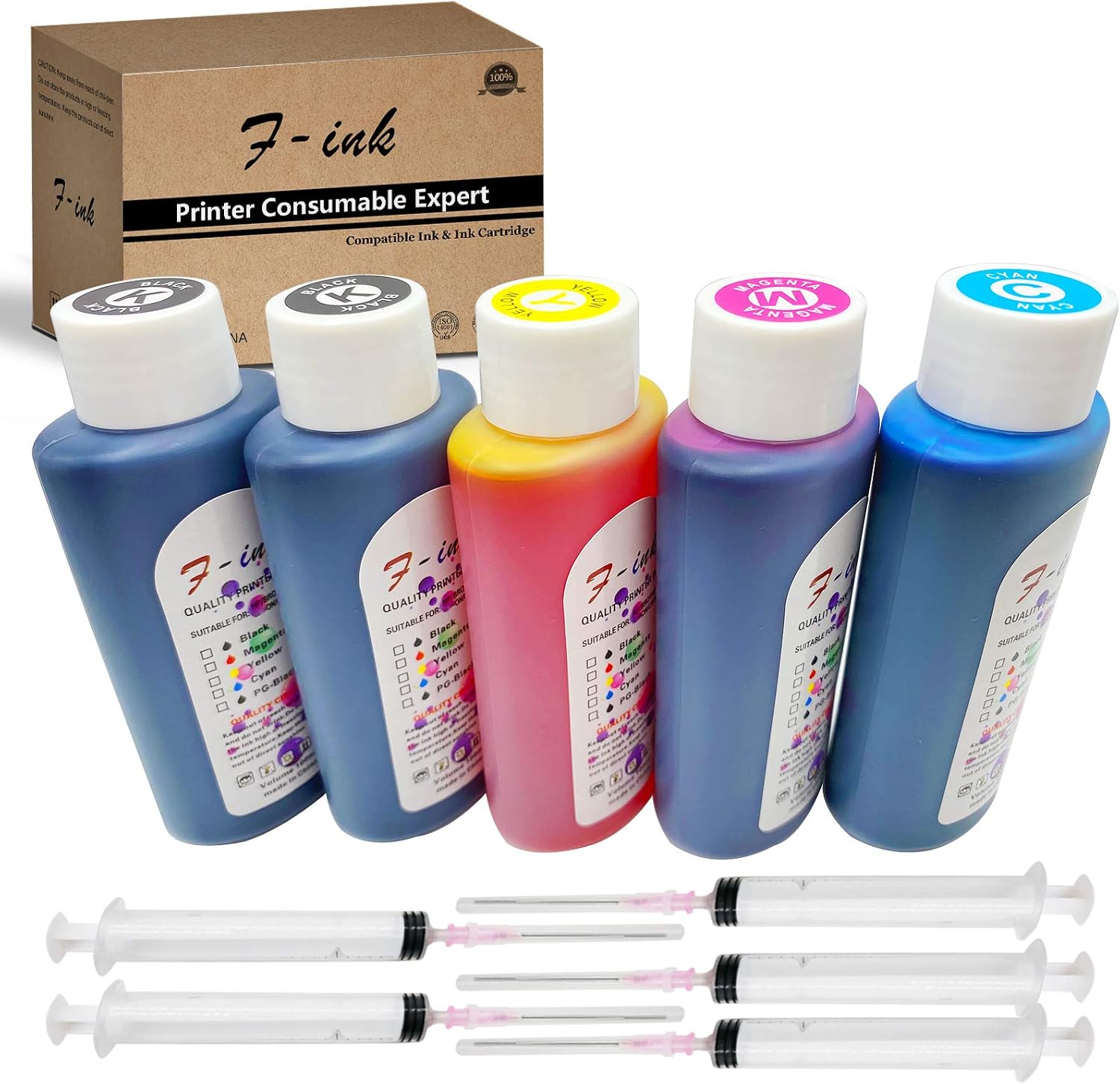 Fink 5x100ml Bottle Ink Refill Kits Compatible for Hp Inkjet Ink Cartridges-2 Black 1 Cyan 1 Magenta 1 Yellow and 4 Syringes