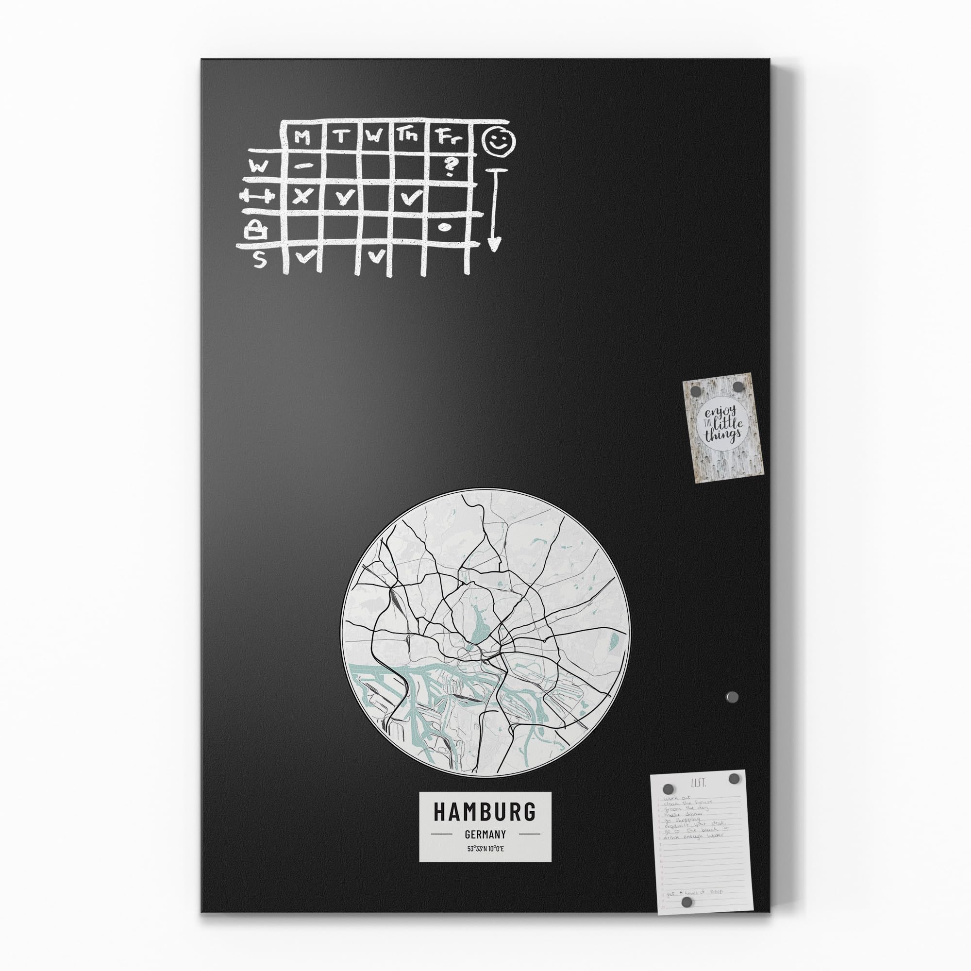 DEQORI Magnetyczna tablica do pisania kredą z nadrukiem UV | motyw "mapa miasta Hamburg" | wzór prostokątny 60 x 90 cm | metalowa tablica kredowa do pisania – dekoracja ścienna do kuchni, korytarza