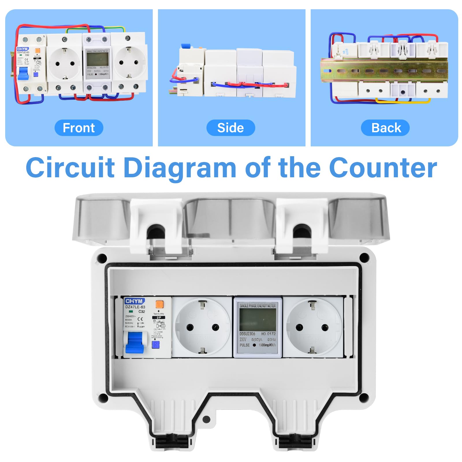 Caja de distribución superficie 230V IP66 impermeable con medidor electricidad y RCD