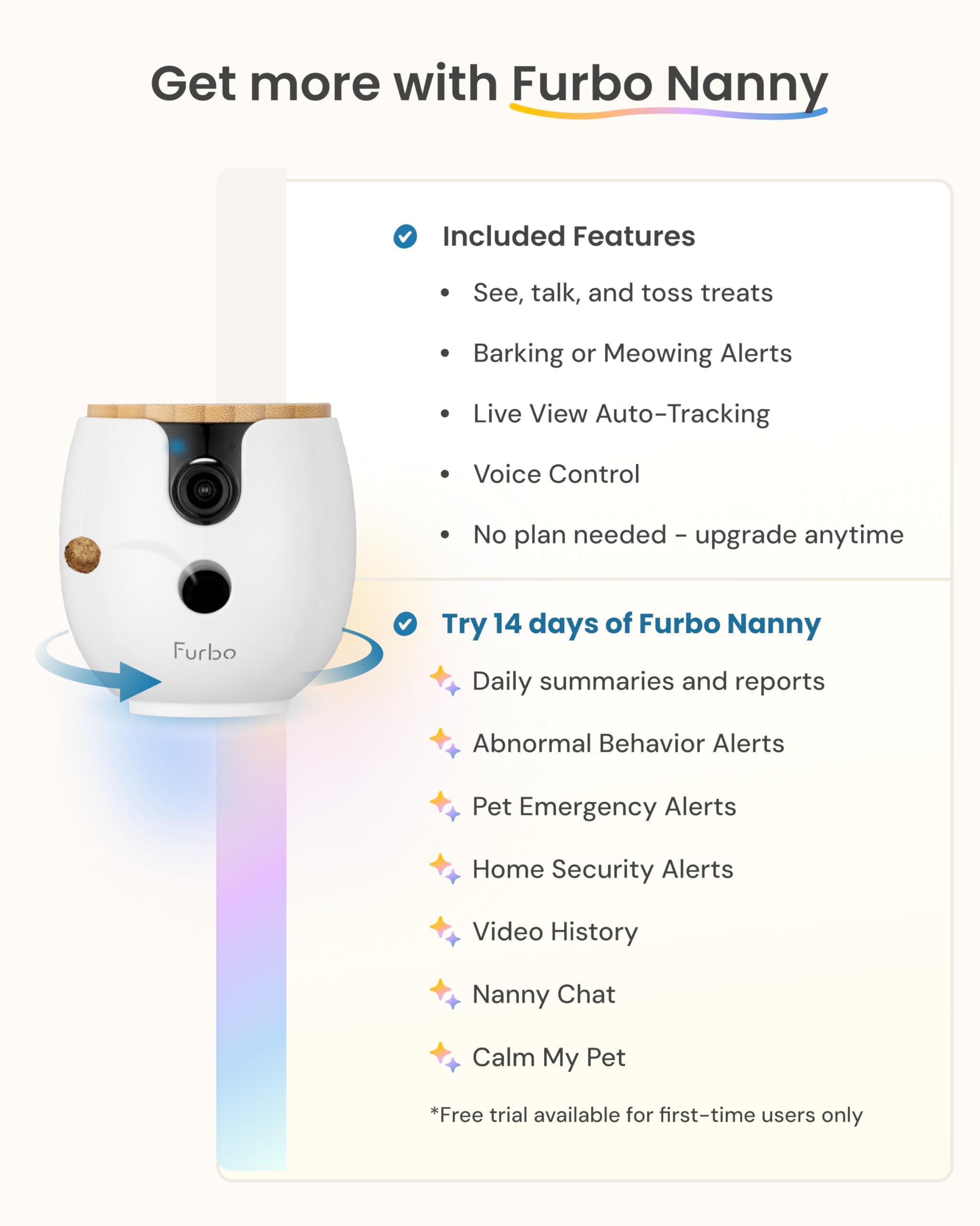 Furbo Mini 360º New Pet Camera: Home Security Camera w/Barking/Meowing Alerts, Rotating Pet Treat Dispenser w/Phone App, Smart Indoor Cam with 2-Way Speaker & Night Vision (No Subscription Required)