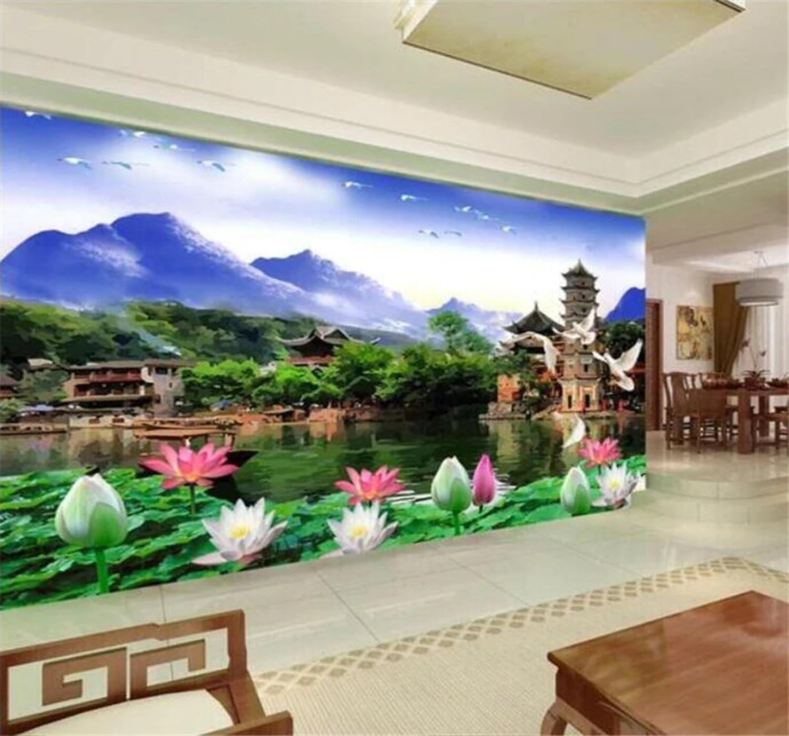 Wallpaper-3D-Xlm 400Cm×280Cm(B×H) Beautiful Fresh Landscape Lotus Scenery 3D Wallpaper Easy Install Feature Office Living Room Sofa Bedroom Tv Background Wall Decoration-400Cm×280Cm