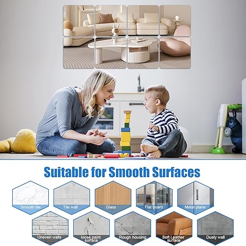 Miniatura 7 de Azulejos de espejo acrílico autoadhesivos, paquete de 6 hojas flexibles, calcomanías de pared de 12 x 16 pulgadas, sin marco de plástico, sin