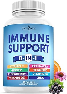 NEW AGE 8 in 1 Immune Support Booster Supplement with Echinacea, Vitamin C and Zinc 50mg, Vitamin D 5000 IU, Turmeric Curcumin & Ginger, B6, Elderberry 60 Count (Pack of 1)