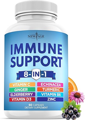 NEW AGE Suplemento de refuerzo 8 en 1 de apoyo inmunológico con equinácea, vitamina C y zinc 50 mg, vitamina D 5000 UI, curcumina de cúrcuma y