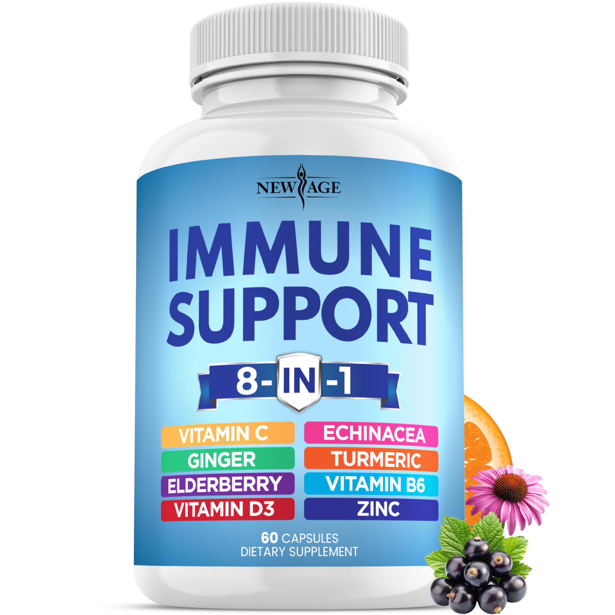 NEW AGE 8 in 1 Immune Support Booster Supplement with Echinacea, Vitamin C and Zinc 50mg, Vitamin D 5000 IU, Turmeric Curcumin & Ginger, B6, Elderberry 60 Count (Pack of 1)